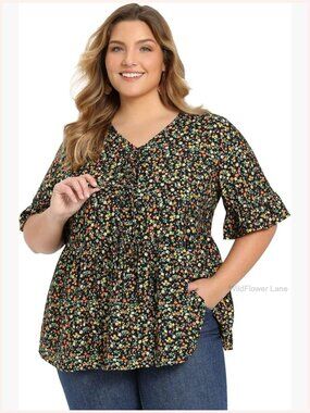 Plus Size Ditsy Floral V Neck Tie Front Peplum Top Ruffle Sleeve